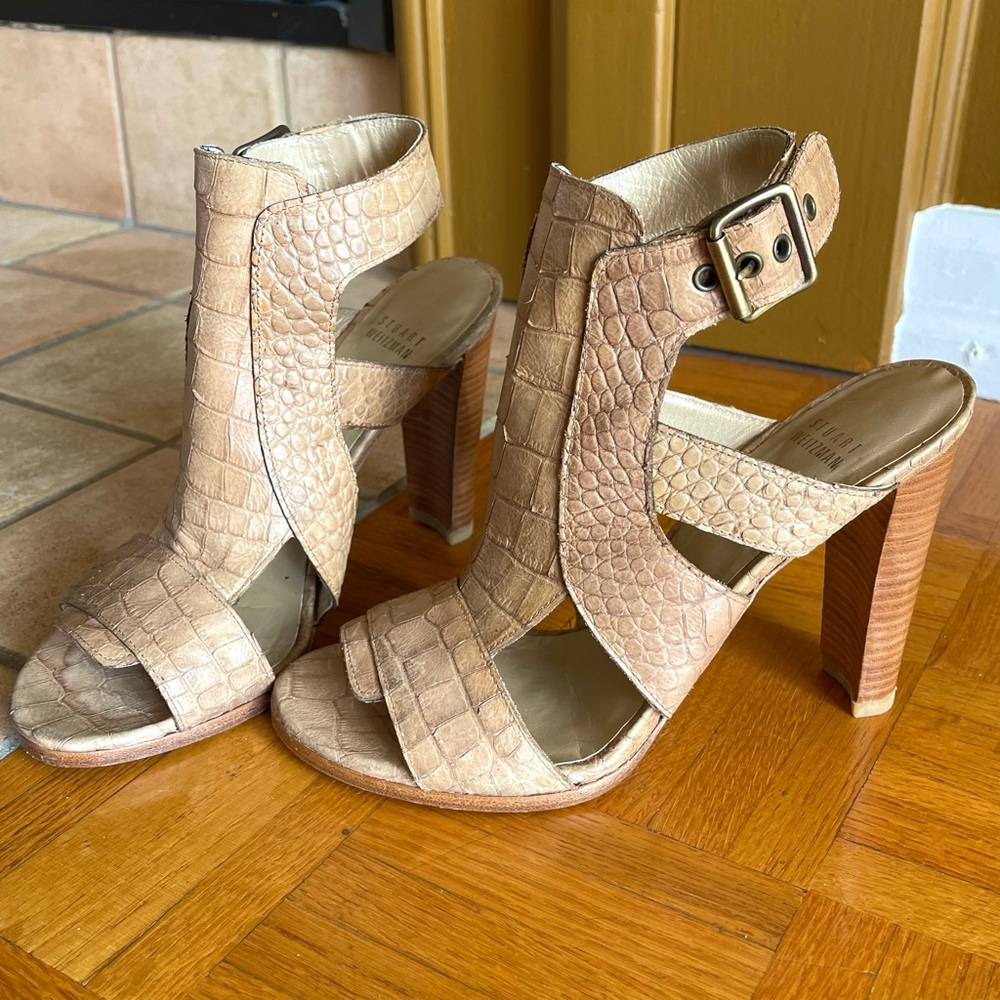Stuart Weitzman Nude Crocodile Leather Heel Sandals